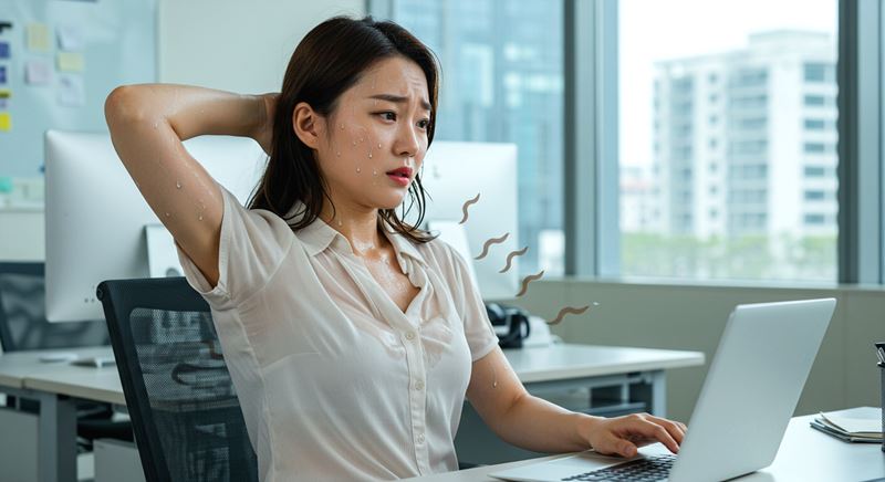 땀냄새 옷이 젖은 20대 직장인 여성